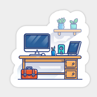 Desk, Monitor, Mouse, Stationary, Laptop, Speaker, Workbag And Plants Cartoon Sticker